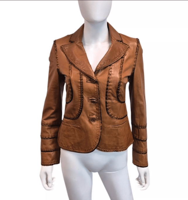 brown leather blazer.
